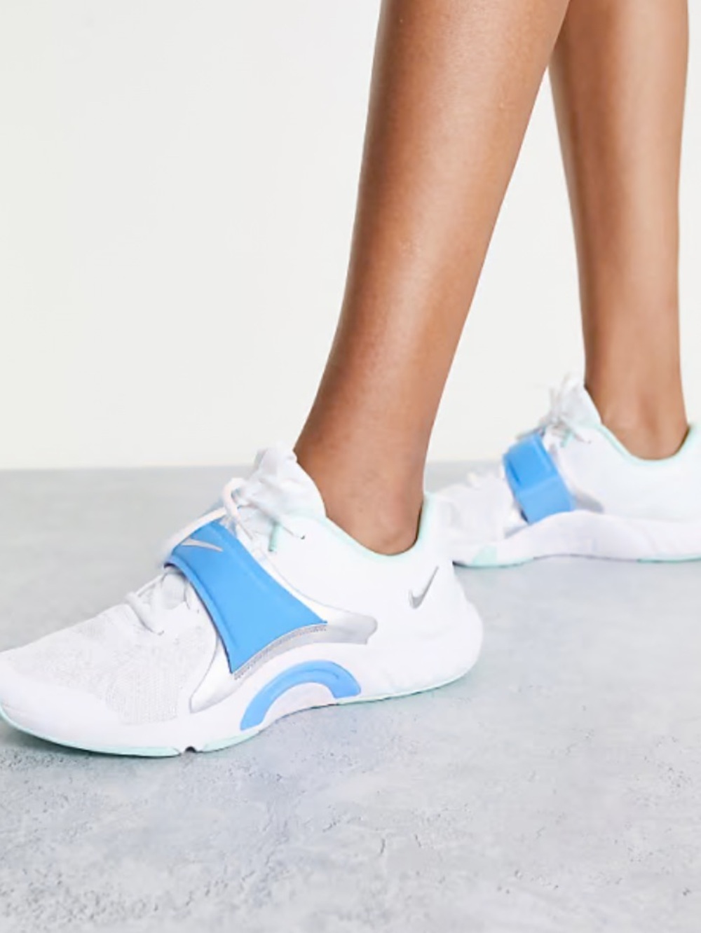 Women’s Nike White Sneakers with Light Blue Strap and Mint Lining